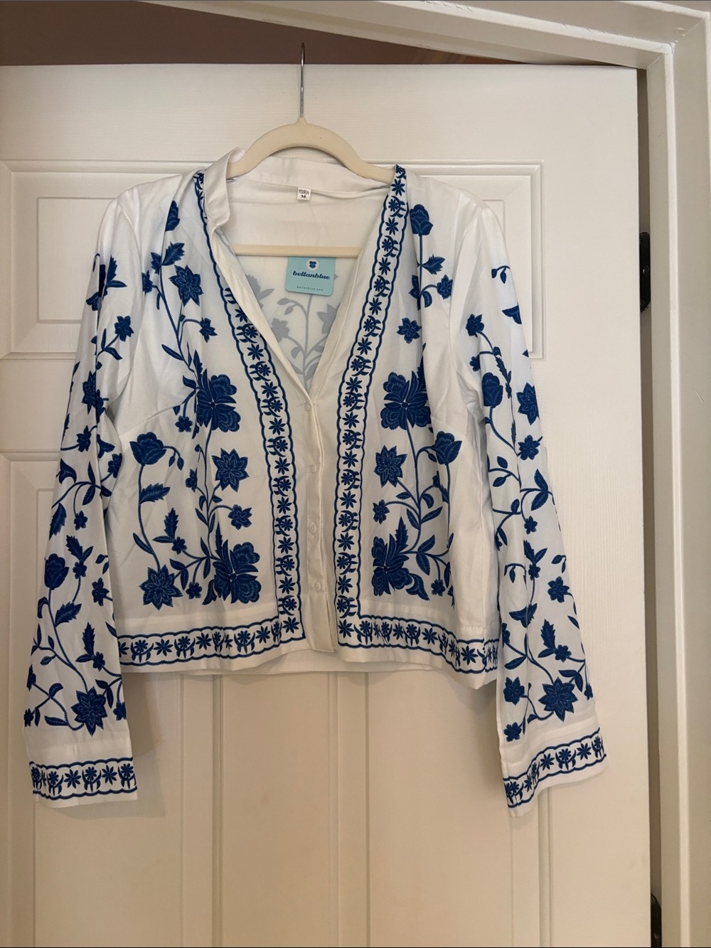 Bellanblue Blue Floral Embroidered White Cotton Jacket - Women Tops